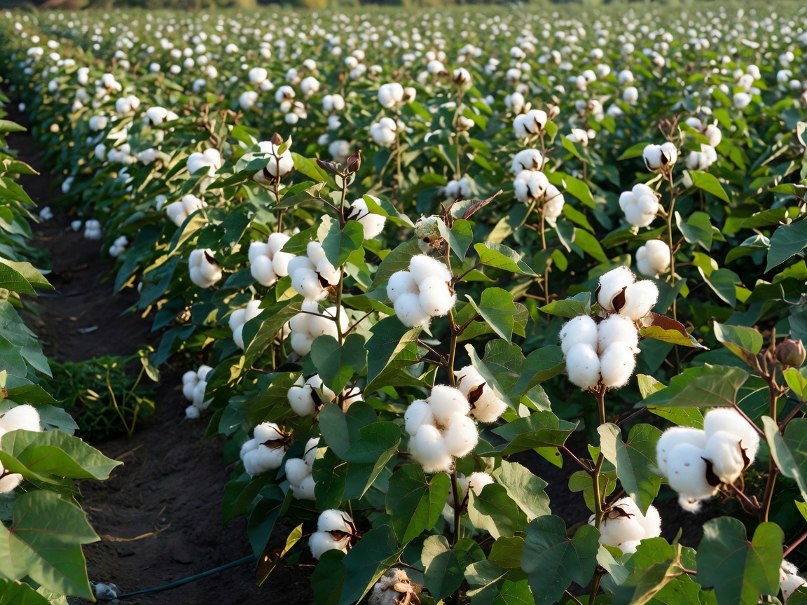 A dense row of cotton plants with open bolls in a cultivated field
