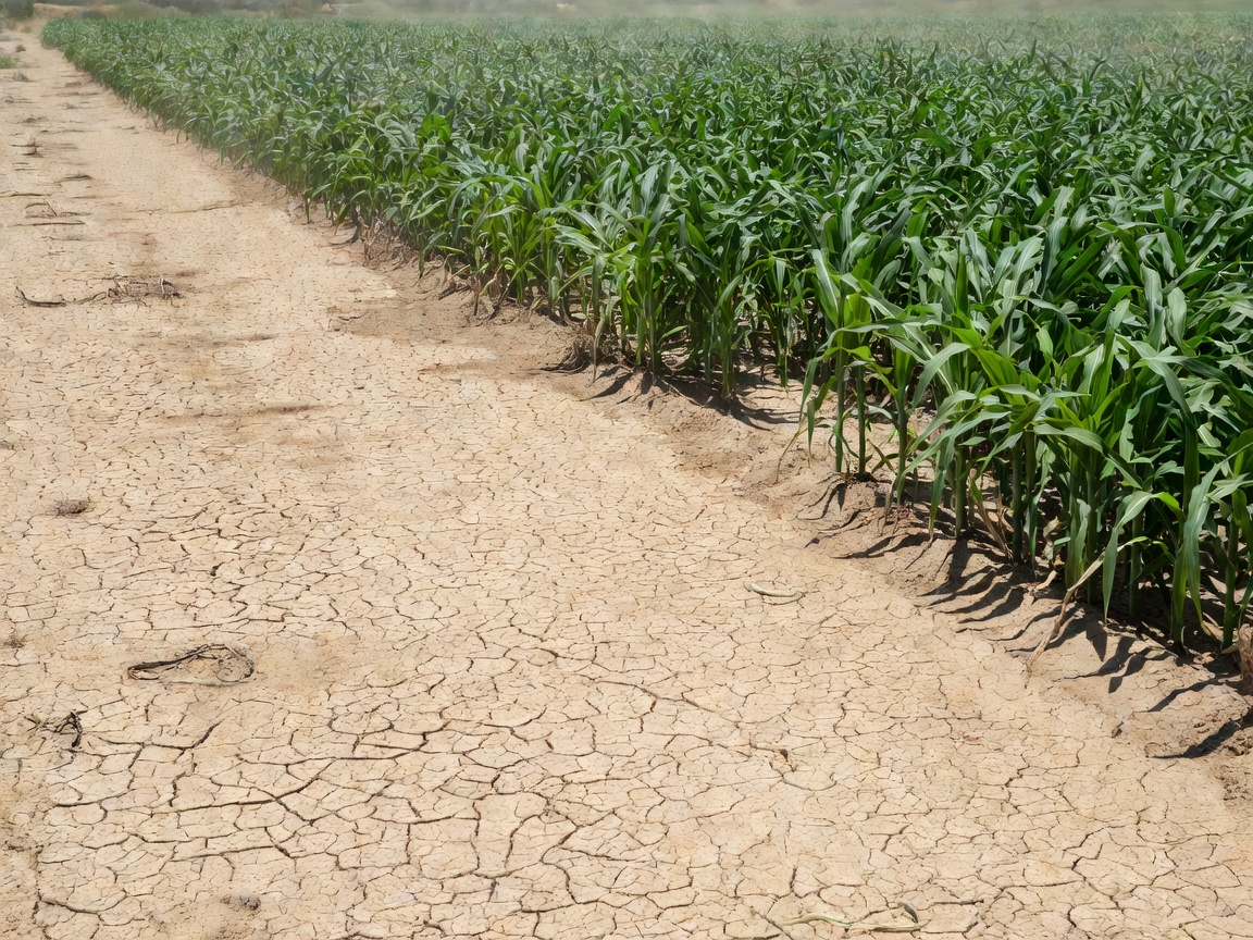A dry, cracked section of field bordering a row of healthy green crop plants