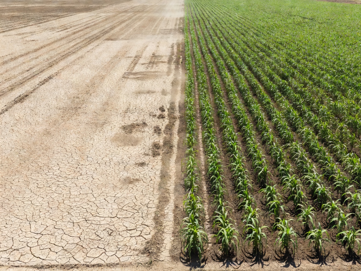 A cracked, dry field beside a section of healthy green crop rows