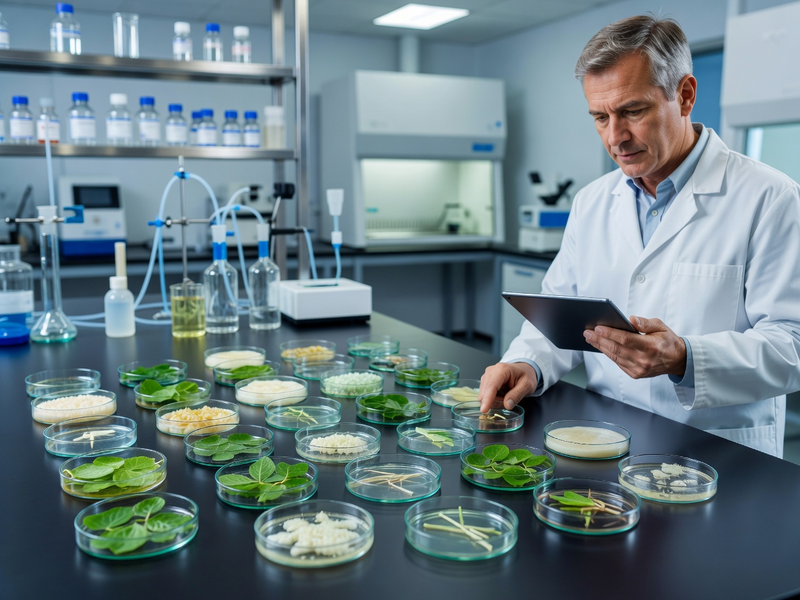 Petri dishes containing plant tissue samples arranged on a laboratory bench