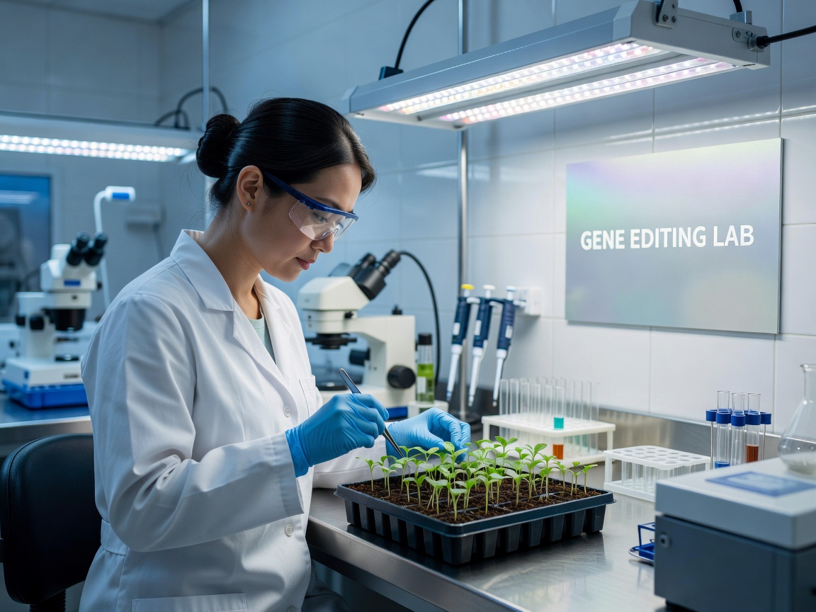 Laboratory researcher examining seedlings under grow lights