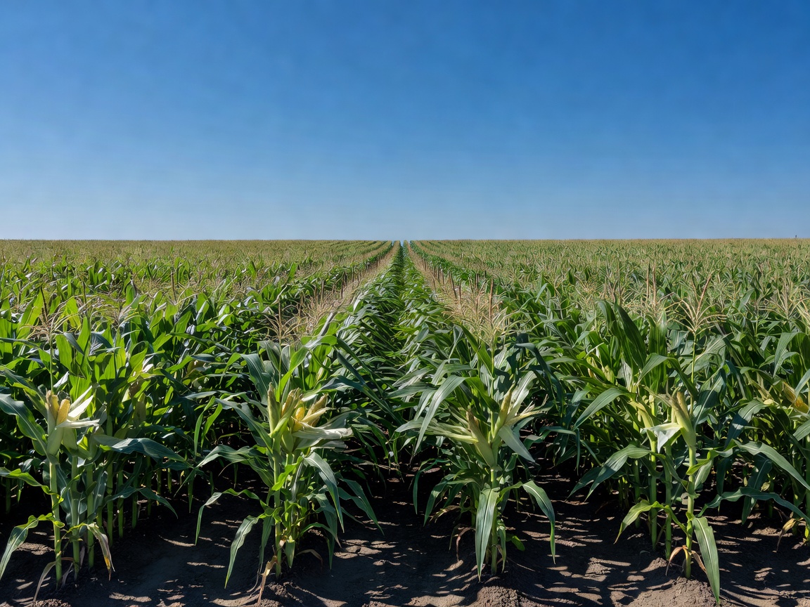 Rows of maize growing in an open agricultural field under a wide sky
