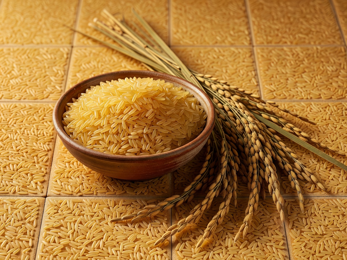 A bowl of golden-hued rice grains next to unhulled rice stalks