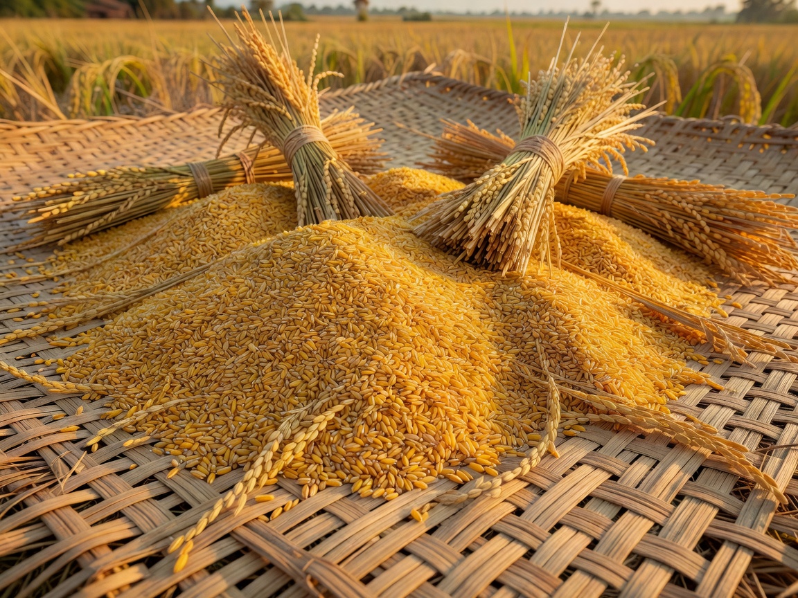 Harvested rice grains with a distinct yellow-orange colour spread on a woven mat