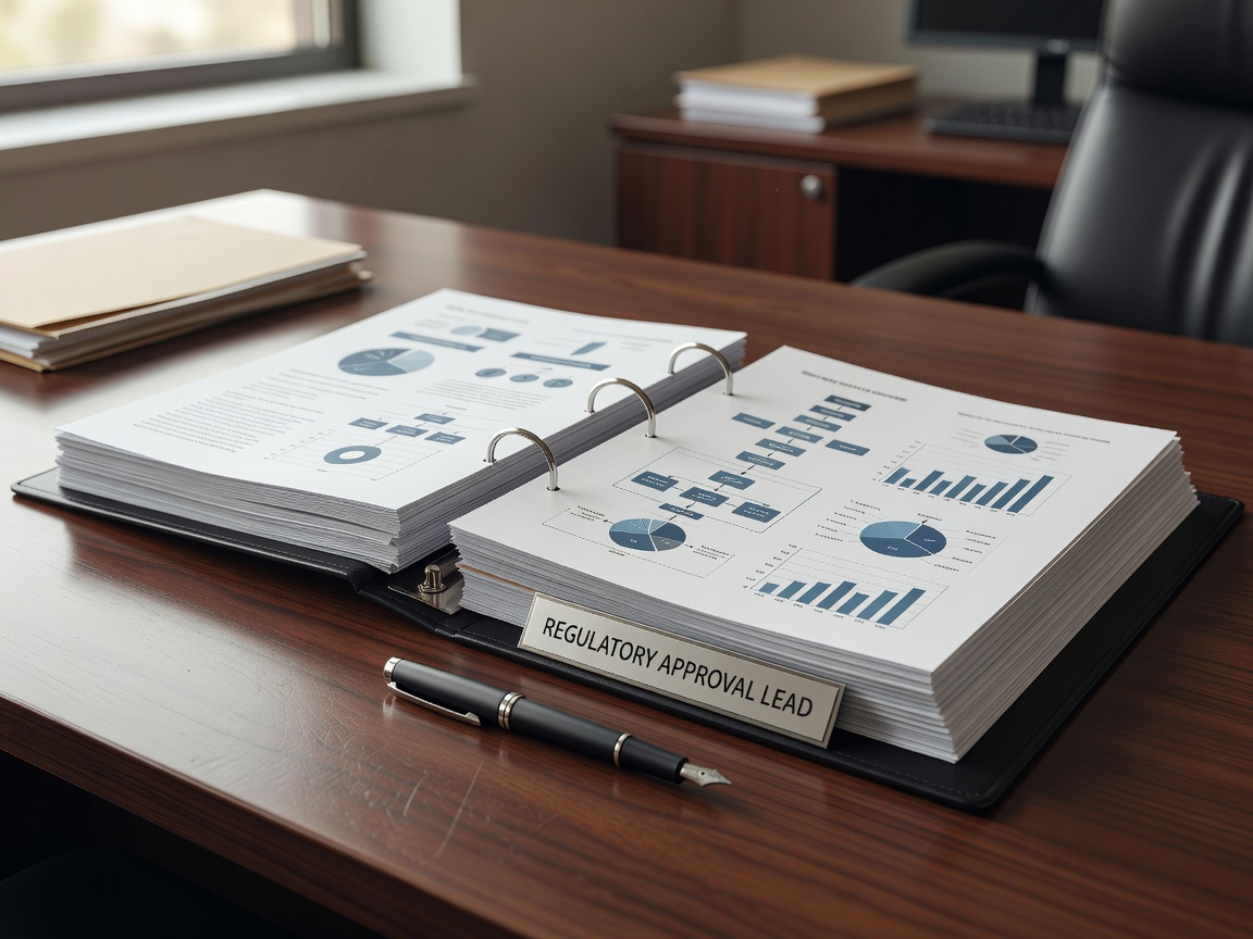 A binder of regulatory application documents open on a desk beside a pen
