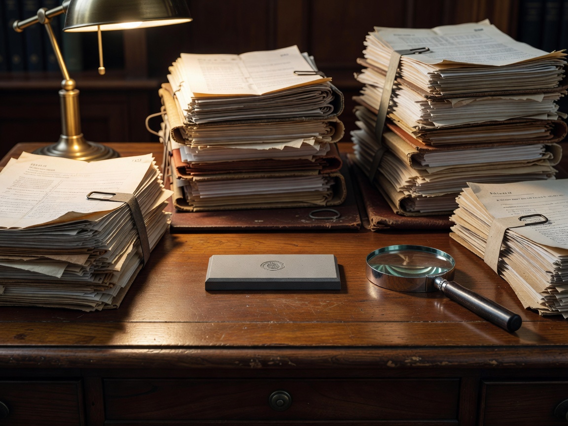 Stacks of paper case files and a magnifying glass on a desk